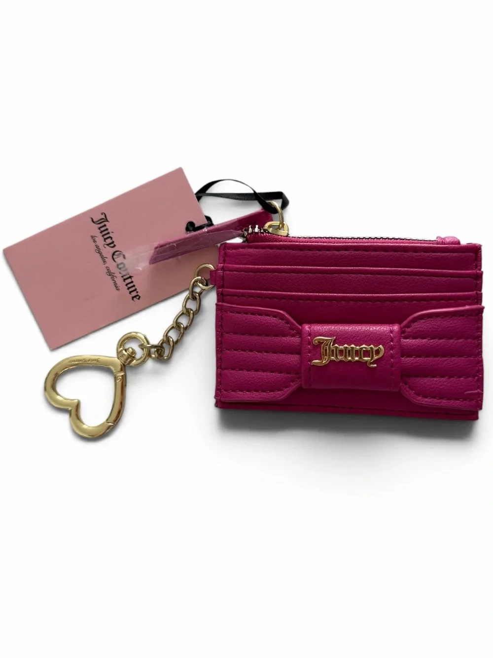 NWT Juicy Couture Y2K Hot Pink Quilted Card Holder with Gold Heart Keyring